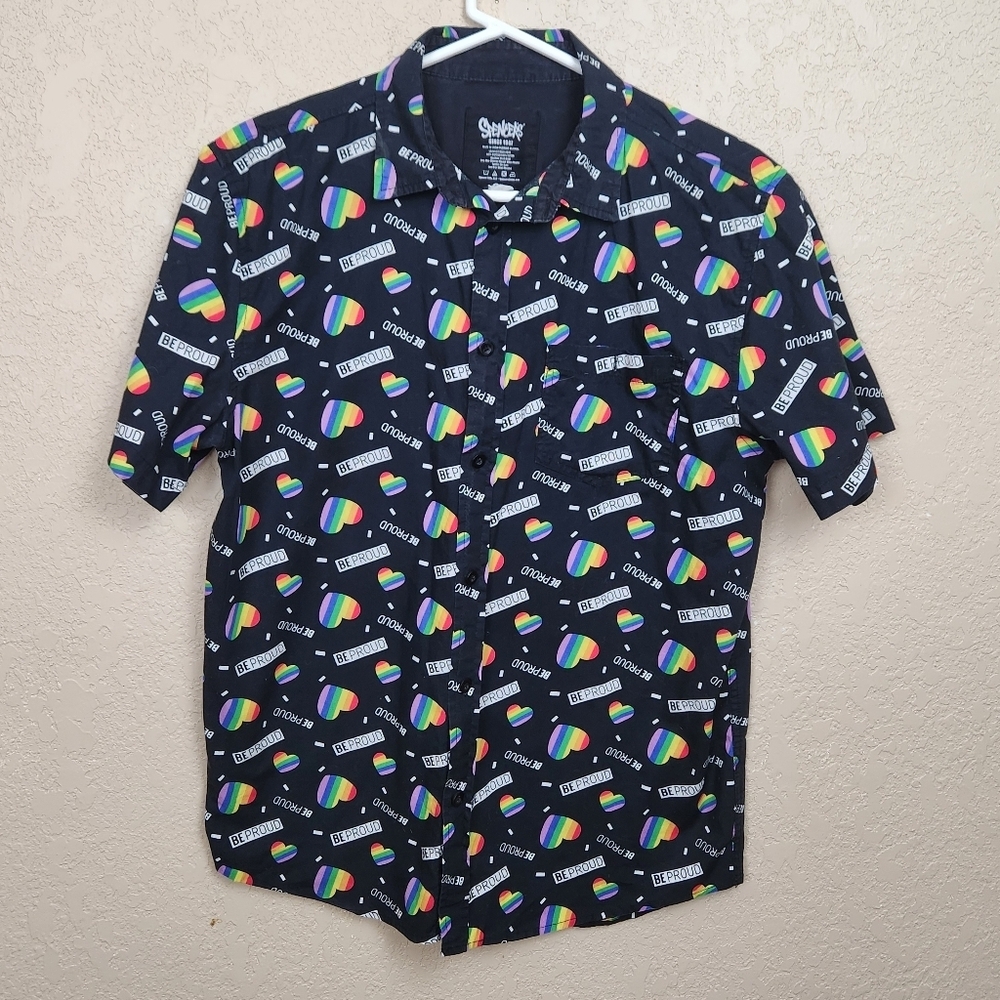 Spencer's Rainbow Heart LGBTQ Pride Button Down Shirt Large (7424)